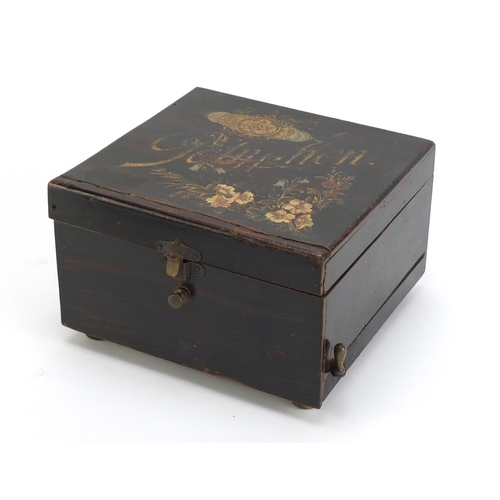 85 - Wooden cased 6 inch polyphone music box with fifteen discs, the top with hand painted floral pattern... 