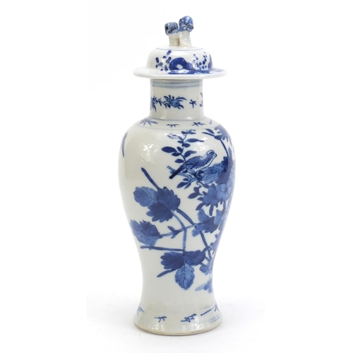 59 - Chinese blue and white porcelain baluster vase and cover, hand painted with birds amongst flowers, b... 