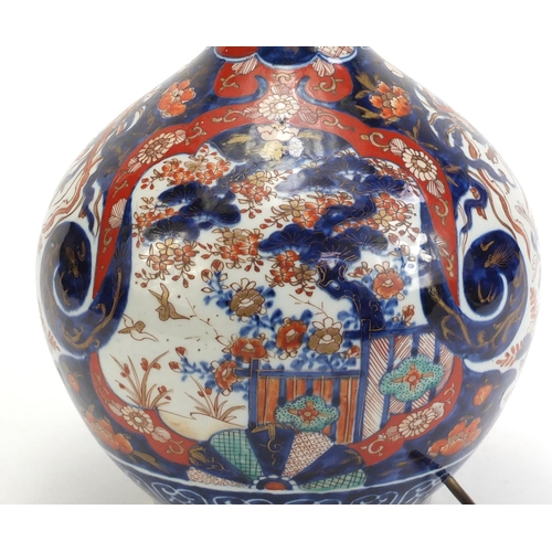 62 - Japanese Imari porcelain vase converted to a lamp, hand painted with phoenixes and birds amongst flo... 