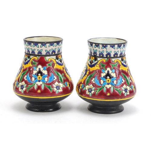 143 - Pair of French cloisonne enamel pottery vases by Jules Vieillard decorated in the Iznik style with f... 