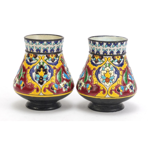 143 - Pair of French cloisonne enamel pottery vases by Jules Vieillard decorated in the Iznik style with f... 
