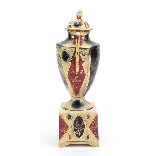 1138 - Royal Vienna twin handled vase and cover on stand, decorated with mother and child, 30.5cm high