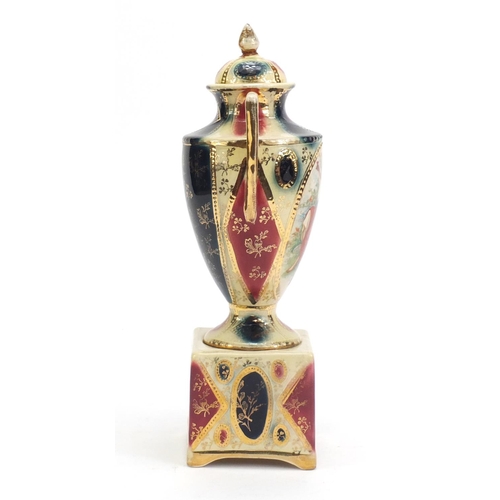 1138 - Royal Vienna twin handled vase and cover on stand, decorated with mother and child, 30.5cm high