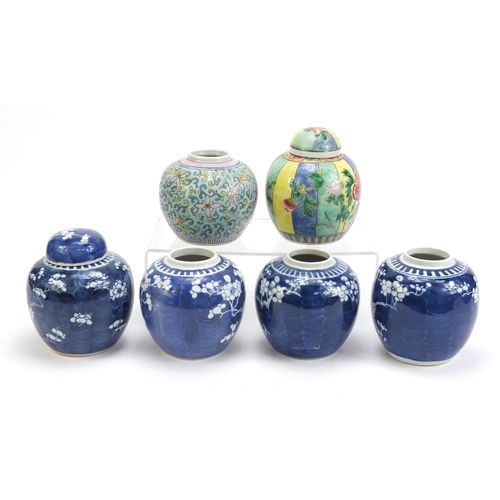 488 - Six Chinese porcelain ginger jars, two with covers including four hand painted with prunus flowers, ... 