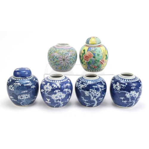 488 - Six Chinese porcelain ginger jars, two with covers including four hand painted with prunus flowers, ... 