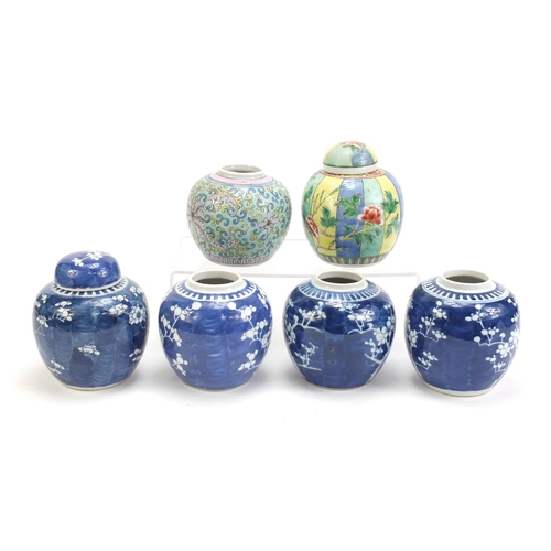 488 - Six Chinese porcelain ginger jars, two with covers including four hand painted with prunus flowers, ... 