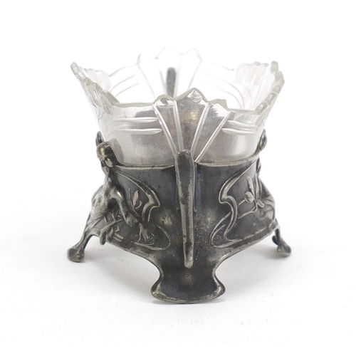 163 - Art Nouveau pewter and cut glass salt by WMF, 13cm wide