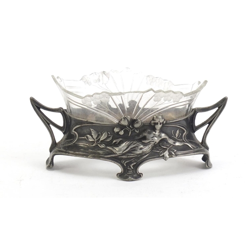 163 - Art Nouveau pewter and cut glass salt by WMF, 13cm wide