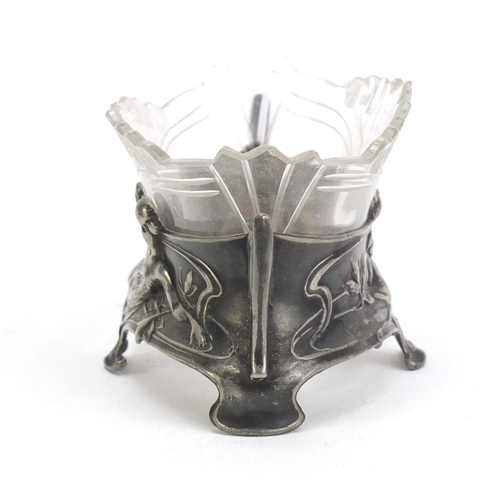 163 - Art Nouveau pewter and cut glass salt by WMF, 13cm wide