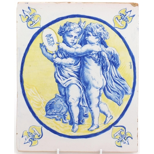 858 - 19th century Italian pottery tile hand painted with two Putti, signed Noemi, 27.5cm x 22cm