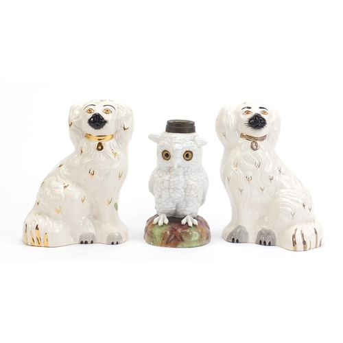 1133 - Pair of Beswick Staffordshire style dogs and a continental porcelain owl lamp base with beaded glass... 