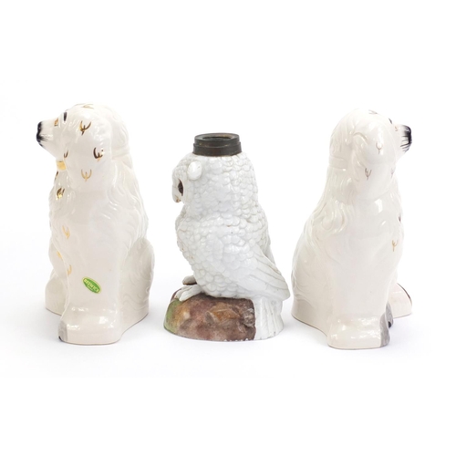 1133 - Pair of Beswick Staffordshire style dogs and a continental porcelain owl lamp base with beaded glass... 