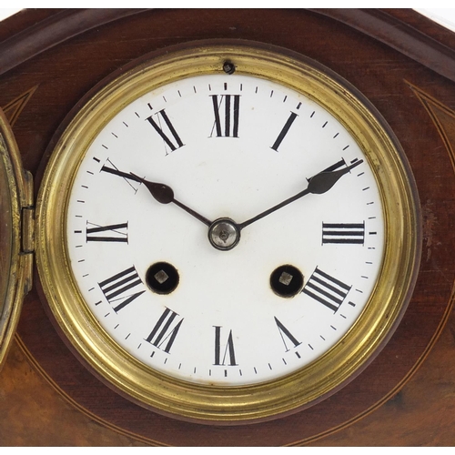 220 - Mahogany and walnut inlaid mantel clock with enamel dial and Roman numerals, 23cm high x 30cm wide