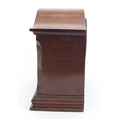 220 - Mahogany and walnut inlaid mantel clock with enamel dial and Roman numerals, 23cm high x 30cm wide