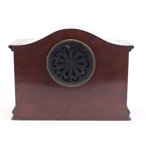 220 - Mahogany and walnut inlaid mantel clock with enamel dial and Roman numerals, 23cm high x 30cm wide