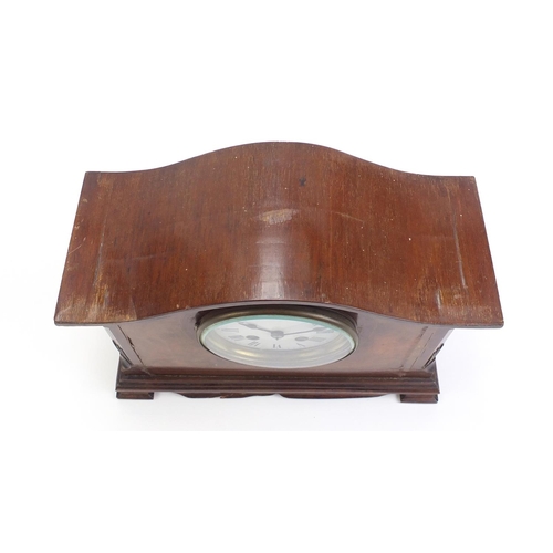 220 - Mahogany and walnut inlaid mantel clock with enamel dial and Roman numerals, 23cm high x 30cm wide