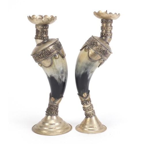 247 - Pair of horn candlesticks with white metal mounts, 22.5cm high