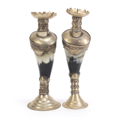 247 - Pair of horn candlesticks with white metal mounts, 22.5cm high