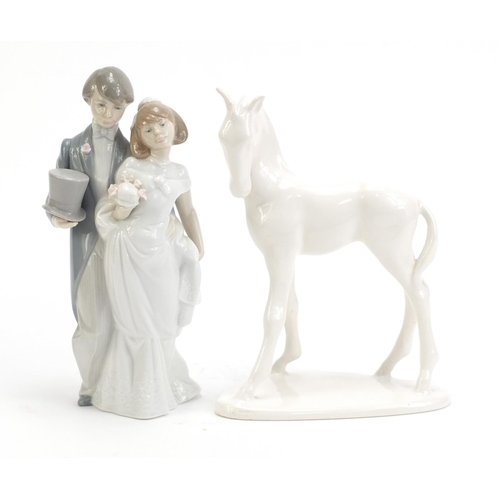 1132 - Lladro figure group of a bride and groom together with a Villeroy & Boch foal, the largest 21cm high