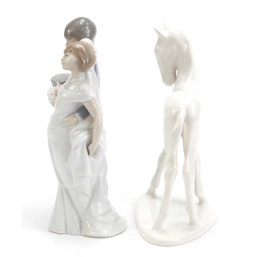 1132 - Lladro figure group of a bride and groom together with a Villeroy & Boch foal, the largest 21cm high