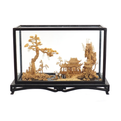 780 - Chinese cork diorama housed in an ebonised glazed display case, 30cm H x 44cm W x 17cm D