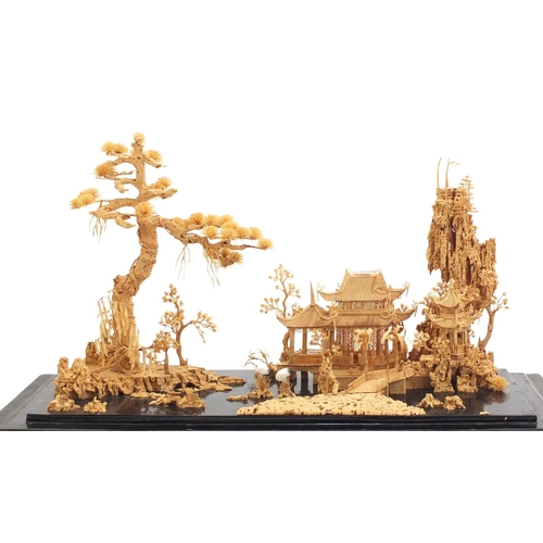 780 - Chinese cork diorama housed in an ebonised glazed display case, 30cm H x 44cm W x 17cm D