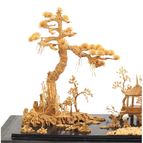 780 - Chinese cork diorama housed in an ebonised glazed display case, 30cm H x 44cm W x 17cm D