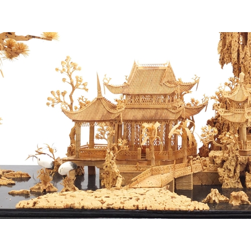 780 - Chinese cork diorama housed in an ebonised glazed display case, 30cm H x 44cm W x 17cm D