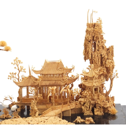 780 - Chinese cork diorama housed in an ebonised glazed display case, 30cm H x 44cm W x 17cm D