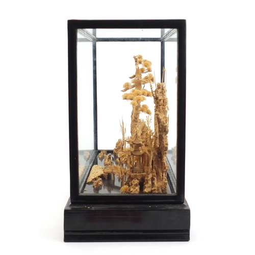 780 - Chinese cork diorama housed in an ebonised glazed display case, 30cm H x 44cm W x 17cm D