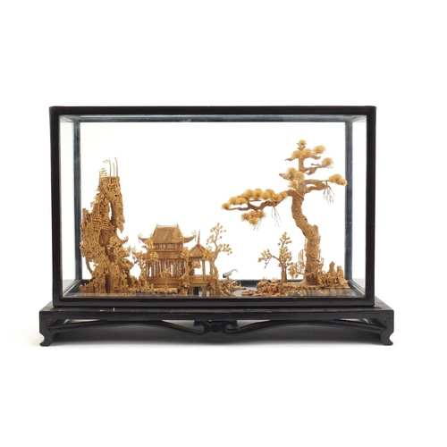 780 - Chinese cork diorama housed in an ebonised glazed display case, 30cm H x 44cm W x 17cm D