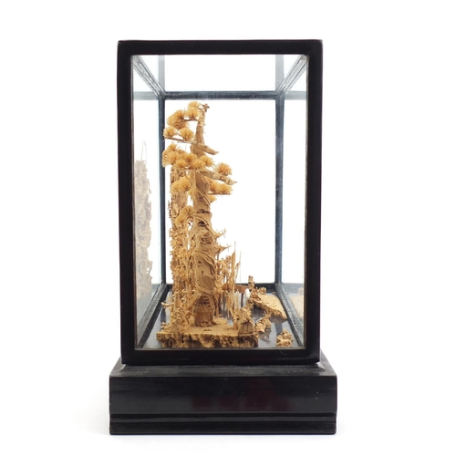 780 - Chinese cork diorama housed in an ebonised glazed display case, 30cm H x 44cm W x 17cm D