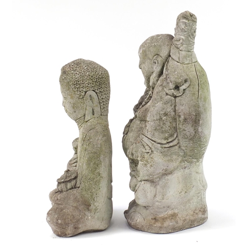 1426 - Two garden stoneware statues of Buddhas, the largest 60cm high