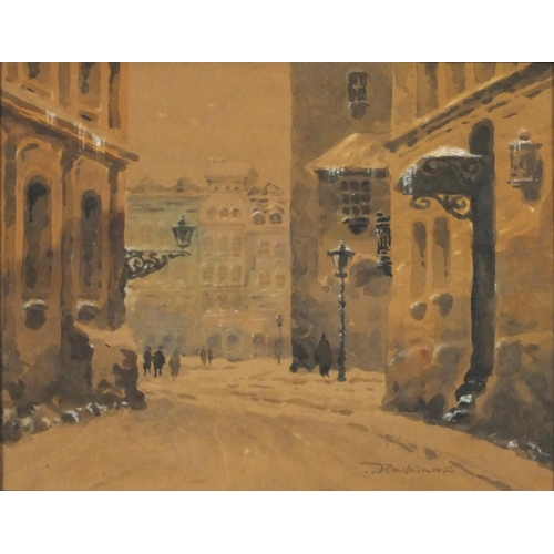 1081 - Radan Rolandson? - Snowy street scene, watercolour  on board, mounted in an oak frame, 28cm x 22cm