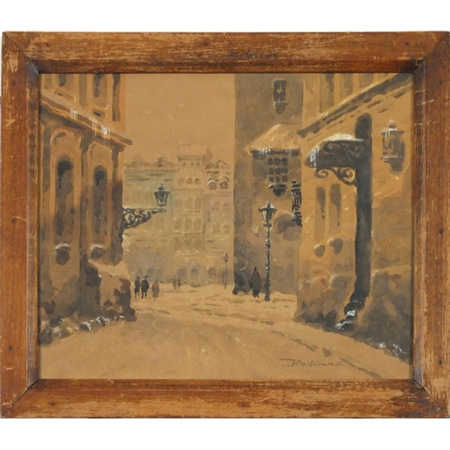 1081 - Radan Rolandson? - Snowy street scene, watercolour  on board, mounted in an oak frame, 28cm x 22cm