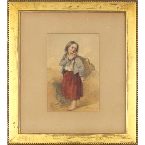 1320 - Young girl holding a basket and a street scene, two watercolours, each mounted framed and glazed, th... 