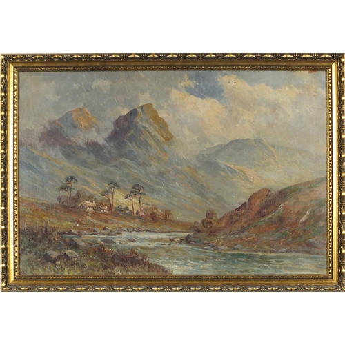 443 - Francis Jamieson - River through a mountain landscape, oil on canvas, framed, 59cm x 39cm