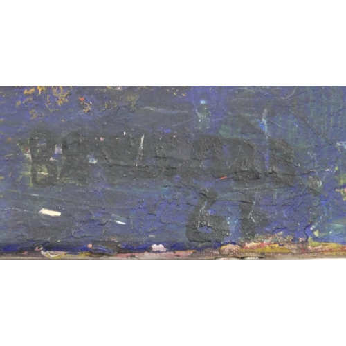 593 - Abstract composition, Russian school oil on canvas, bearing a Cyrillic signature, unframed, 91.5cm x... 