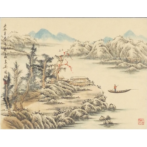 1114 - Chinese watercolour depicting a figure and boat in a river landscape with calligraphy and red seal m... 