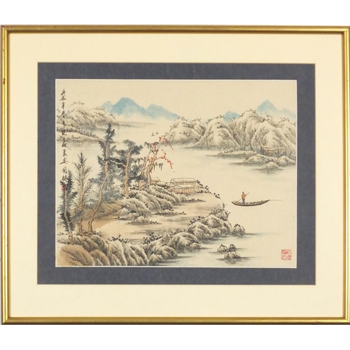 1114 - Chinese watercolour depicting a figure and boat in a river landscape with calligraphy and red seal m... 