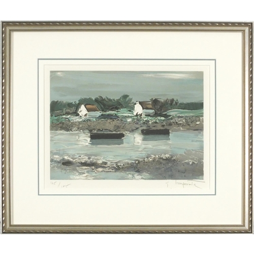 1169 - Georges Laporte - Boats before cottages, pencil signed print, limited edition 175/175, mounted, fram... 