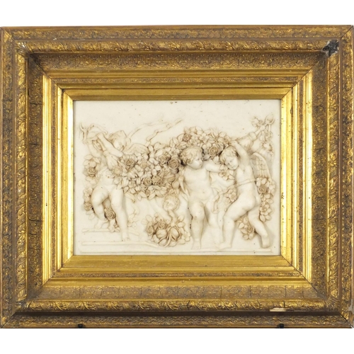 546 - Rectangular marble style classical plaque decorated in relief with three Putti, mounted and framed, ... 