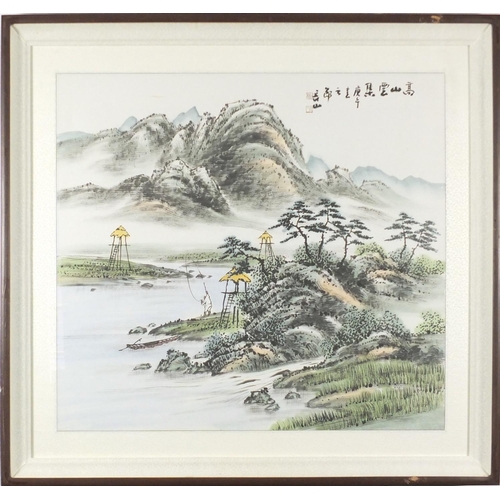 301 - Chinese watercolour depicting a fisherman in a landscape with calligraphy and red seal marks, mounte... 