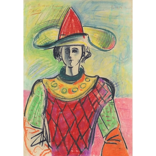 1111 - After Pablo Picasso - Figure in a theatrical costume, mixed media on paper, inscribed Pour Monsieur ... 