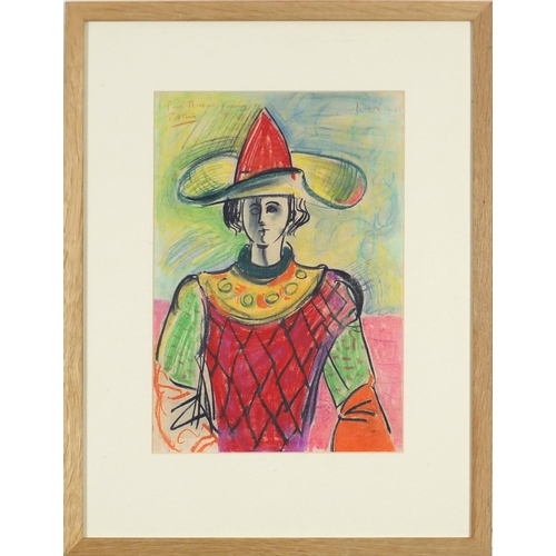 1111 - After Pablo Picasso - Figure in a theatrical costume, mixed media on paper, inscribed Pour Monsieur ... 