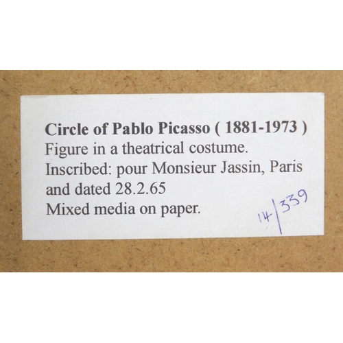 1111 - After Pablo Picasso - Figure in a theatrical costume, mixed media on paper, inscribed Pour Monsieur ... 