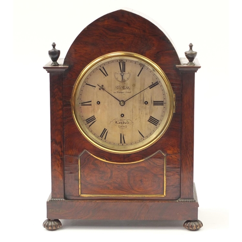 37 - Rosewood bracket clock with brass inlaid front, the silver dial for G.Gibbs 58 Banner Street London ... 