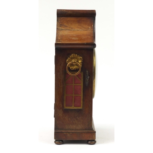 38 - Regency mahogany pagoda topped bracket clock with inset brass panel to the front, flower head design... 