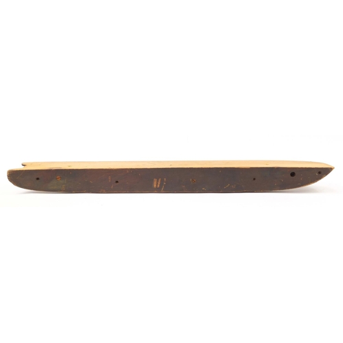 684 - Large shipping interest wooden boat builders half hull model with ink inscriptions, 112cm in length