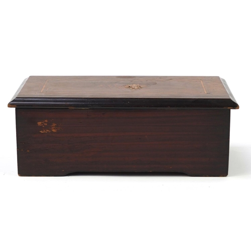 84 - Victorian wooden musical box with rosewood floral inlaid top, playing on eight airs including Little... 